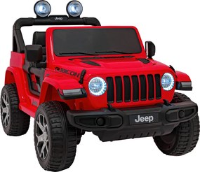 Ramiz Jeep Wrangler Rubicon na batérie pre deti červený + diaľkové ovládanie + rádio MP3 LED + kolesá EVA