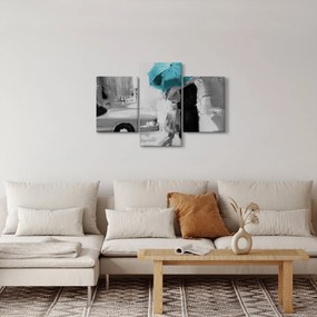 Obraz - Zamilovaný pár s dáždnikom, modrý (90x60 cm)