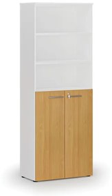 Kombinovaná kancelárska skriňa PRIMO WHITE, dvere na 3 poschodia, 2128 x 800 x 420 mm, biela/buk