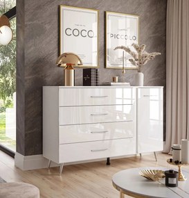 KOMODA MARION III BIELA VYSOKÝ LESK LED + STRIEBORNÉ NOŽIČKY