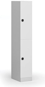 Šatníková skrinka s úložnými boxmi, 2 boxy, 1850 x 300 x 500 mm, demont, kódový zámok, laminované dvere, biela