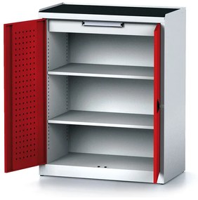 Policová dielenská skriňa 2-dverová MECHANIC, 2 police, 1 zásuvka, 920 x 500 x 1170 mm, červené dvere