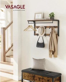 Nástenný vešiak na kabáty s policou a 10 háčikmi, rustikálny hnedý