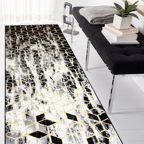 Koberec, Behúň GLOSS moderný 409A 82 Kocky štýlový, glamour, art deco čierna / sivá / zlatá Veľkosť: 70x250 cm