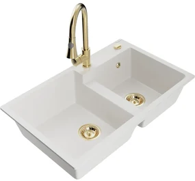 Mexen Tomas, 2-komorový granitový drez 800x500x190 mm a drezová batéria Elia, biela, 6516-20-670101-50