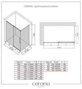 CERANO - Sprchovací kút Lantono L/P - 8 mm - čierna matná, grafitové sklo - 140x100 cm - posuvný, CER-CER-8050BD7526