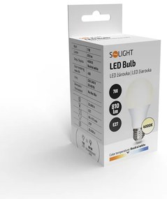SOLIGHT LED žiarovka, klasický tvar A60 7W, E27, 4000K, 270°, 810lm