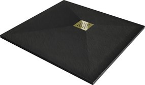 Mexen Stone+, štvorcová vanička z minerálneho kompozitu 80 x 80 cm, čierna, zlatá lesklá krytka, 44708080-G