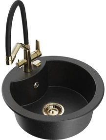 Mexen Diego, 1-komorový granitový drez 488x488x167 mm a drezová batéria Duo, čierna-strieborná metalíza, 6512-73-671701-57-G