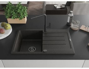 Mexen Bruno, 1-komorový granitový drez 795x495x200 mm a drezová batéria Flora, čierna-zlatá metalíza, 6513-75-670401-70-B