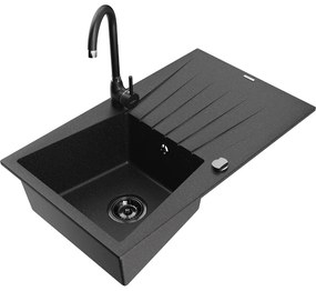 Mexen Cesar, granitový drez 775x470x190 mm, 1-komorový, čierna-strieborná metalíza s čiernym sifónom a čierna drezová batéria Telma, 6514-73-670200-70-B
