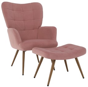 Kreslo s podnožou, ružová Velvet látka/dub, HABEN