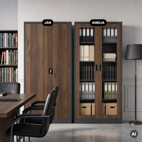 Kovová skriňa s vitrínou antracitová, orech, 900x1850x400 mm: AMELIA Eco Design