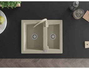 Mexen Carlos, granitový drez 582x475x177 mm, 1,5-komorový a béžová drezová batéria Telma, béžová, 6518-69-670200-69