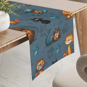 Biante Detský bavlnený behúň na stôl Sandra SA-705 Mačacia partia na tmavo sivomodrom 35x120 cm