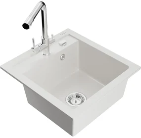 Mexen Vito, 1-komorový granitový drez 520x490x210 mm, chrómová batéria Duero, biela, 6503-20-671600-00