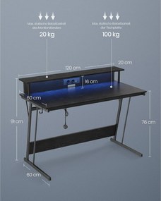 Písací stôl,  herný stôl so stojanom na monitor pre 2 monitory, čierny
