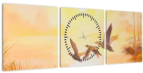 Obraz - Žeriavy pri západe slnka (s hodinami) (90x30 cm)