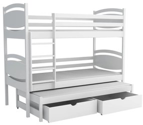 Detská poschodová posteľ z masívu borovice EMA s prístelkou a šuplíky - 200x90 cm - BIELA