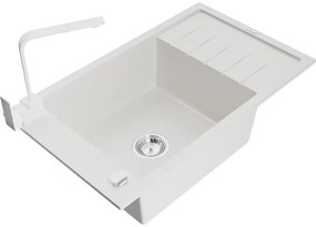 Mexen Elias, granitový drez granitový 795x480x200 mm, 1-komorový, biela s chrómovým sifónom a biela drezová batéria Rita, 6511-20-670300-20
