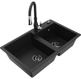 Mexen Tomas, granitový drez 800x500x190 mm, 2-komorový a drezová batéria Savita, čierna, 6516-77-672601-70-B