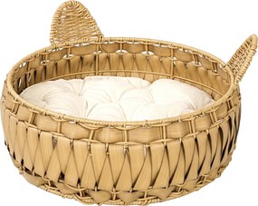 PawHut Rattan Cat Bed with Removable Cushion — Cat Cave for Cats up to 22 lb, 19.7" x 19.7" x 9.8", Light Brown | Aosom