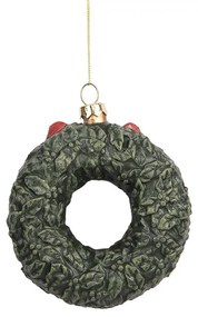 Závesná dekorácia zelený venček s červenou mašľou - 9*4*11cm