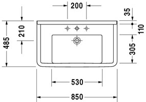 Duravit Starck 3 - Umývadlo do nábytku 850x485 mm, 3 otvory pre batériu prepichnuté, biela 0304800030