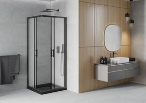 Mexen Rio, štvorcový sprchovací kút s posuvnými dverami 70(dvere) x 70(dvere) x 190 cm, 6mm sklo námraza, čierny profil + čierna sprchová vanička SLIM, 860-070-070-70-30-4070B