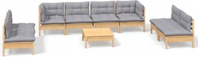 vidaXL 9-dielna sedacia súprava do záhrady, sivé vankúše, borovica