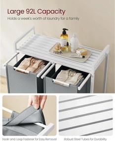 Kôš na bielizeň, 2-komorový, kovový rám, biela a sivá farba