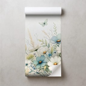 Samolepiaca tapeta pastelové lúčne kvety a lietajúce motýle