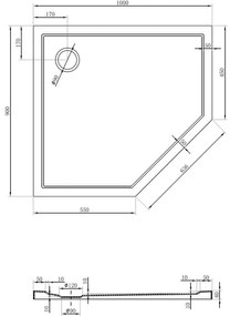 Mexen Flow, päťuholníková sprchová vanička slim 100 x 90 cm, ľavá, čierna matná - 46P709010L
