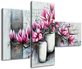 Gario Obraz s hodinami Ružové magnólie vo váze - 3 dielny Rozmery: 100 x 70 cm