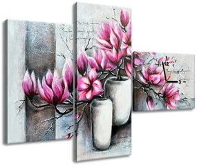 Gario Obraz s hodinami Ružové magnólie vo váze - 3 dielny Rozmery: 80 x 40 cm
