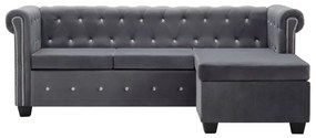 Pohovka Chesterfield v tvare L, zamat 199x142x72 cm, sivá