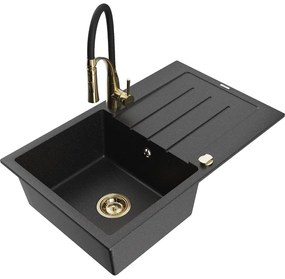 Mexen Bruno, 1-komorový granitový drez 795x495x200 mm a drezová batéria Aster, čierna-strieborná metalíza, 6513-73-73450-57-G