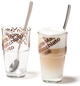 Leonardo Poháre na latte SOLO s lyžič. SET/2ks číre sklo/ potlač