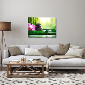 Sklenený obraz masážnych kameňov a orchidey na vode (70x50 cm)