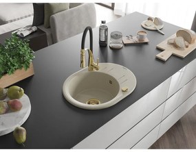 Mexen Kevin, 1-komorový granitový drez 586x458x190 mm a drezová batéria Aster, béžová, 6517-69-73450-57-G