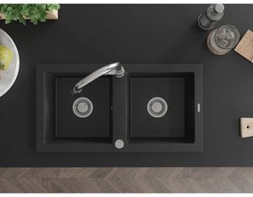 Mexen Mario, 2-komorový granitový drez 820x436x161 mm a drezová batéria Elia, čierna-strieborná metalíza, 6504-73-670101-00
