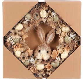 Veľkonočný veniec Hnedý zajac s kvetmi a vajíčkami, pr. 45 cm, 45 x 45 x 9 cm