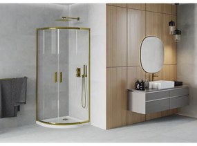 Mexen Rio, štvrťkruhový sprchovací kút s posuvnými dverami 80(dvere) x 80(dvere) x 190 cm, 6mm číre sklo, zlatý profil + biela sprchová vanička SLIM, 863-080-080-50-00-4110G