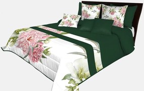 Prehoz na posteľ v smaragdovo zelenej farbe s potlačou veľkej ružovej kvetiny Šírka: 170 cm | Dĺžka: 210 cm
