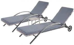 Set 2 záhradných lehátok HWC-E27, polyratan, sivé vankúše - tmavo sivá