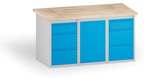 Dielenský stôl KOVONA, 1 závesná skrinka a 6 zásuviek na náradie, buková škárovka, 1500 mm