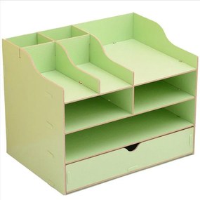 Drevený kancelársky organizér na dokumenty s 8 priehradkami a širokou zásuvkou zelený DIY 2411 Zelená