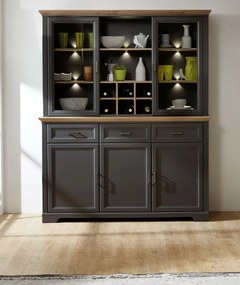 Nástavná vitrína s priehradkami Jasmin, grafit/dub, s osvetlením