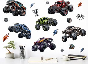 Autá typu monster truck nálepky na stenu do chlapčenskej izby list 45 x 42 cm