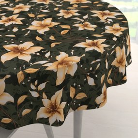 Biante Bavlnený okrúhly obrus Sandra SA-736 Hnedooranžové kvety vanilky na tmavo zelenom Ø 150 cm